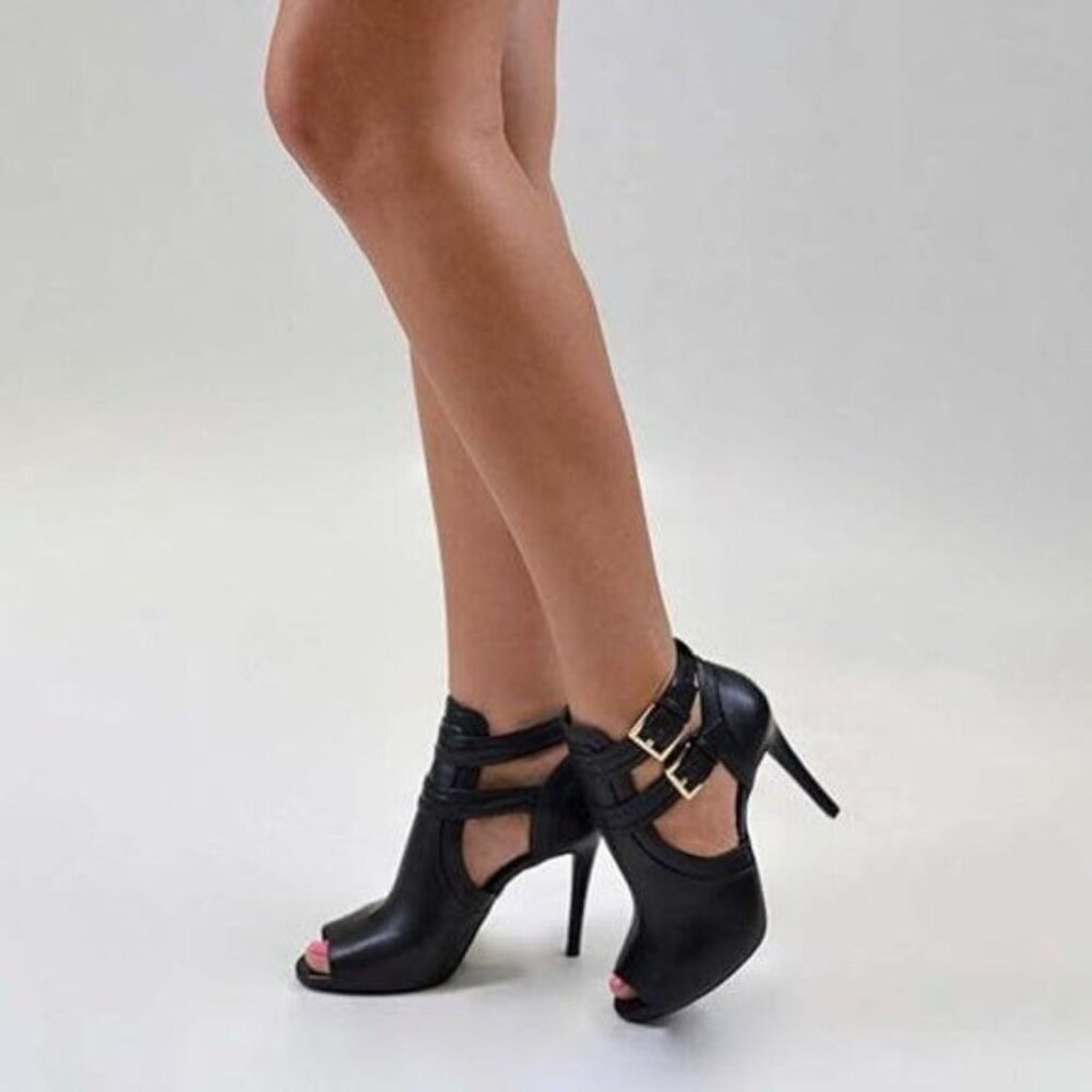 XYD Black Women Peep Toe Ankle Bootie High Heels Buckled Double Straps Cutout